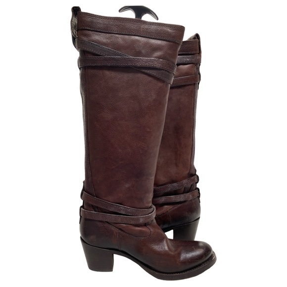 Frye Knee High Heeled Boot in Brown Leather - Picture 2 of 13